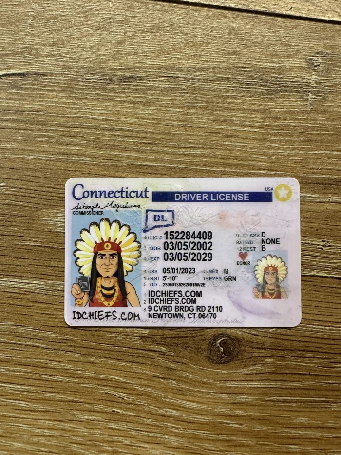 Front image of a fake Connecticut identification card from IDChief.
