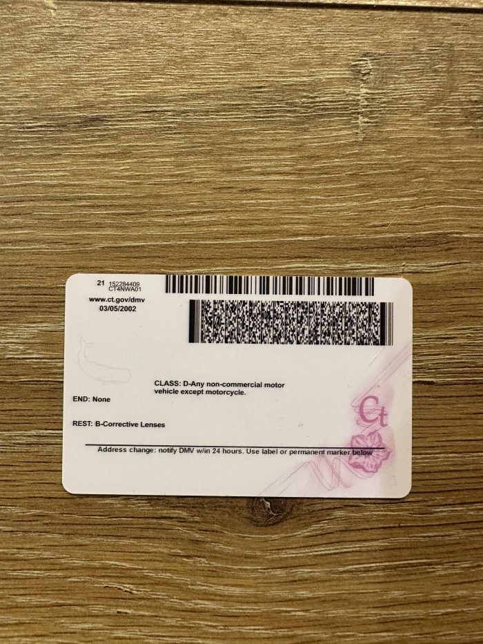 Back image of a fake Connecticut identification card from IDChief